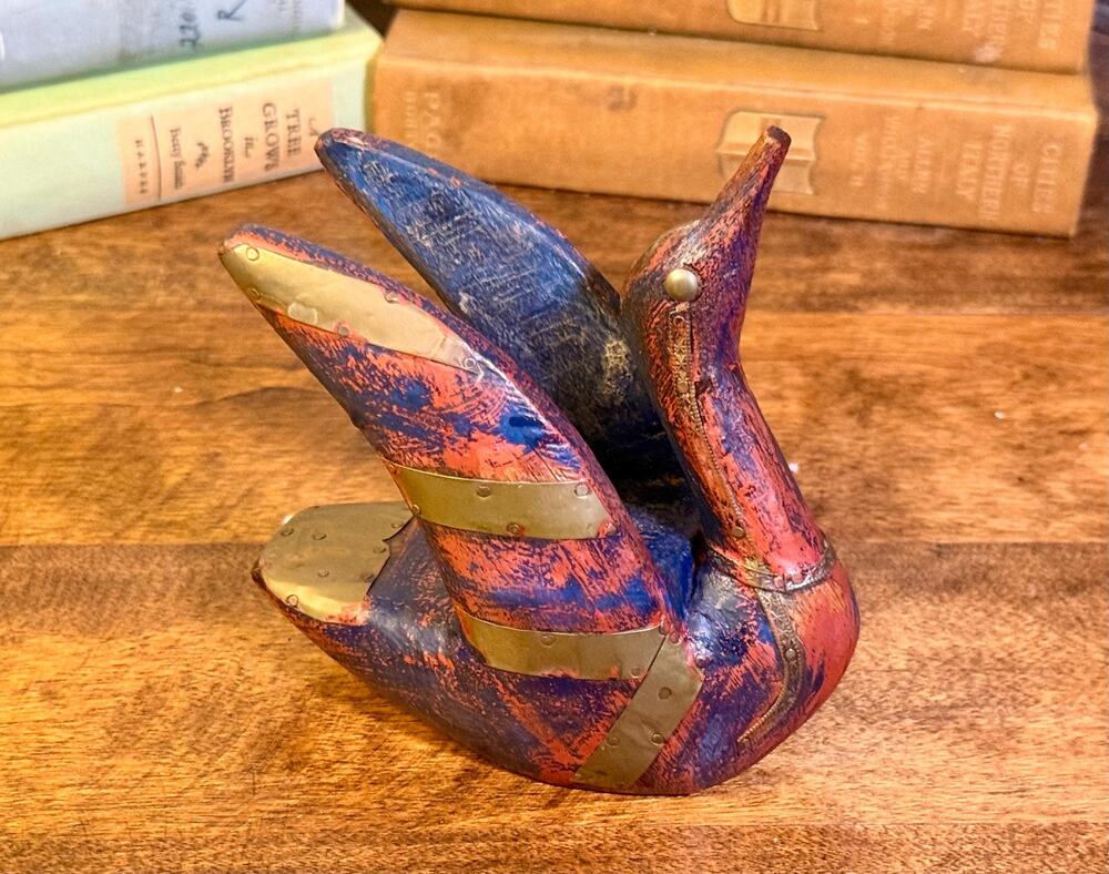 Vintage Hand Carved Folk Art Wooden Bird Sculpture Brass Inlay Rustic Decor 5”